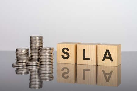SLA. wooden cubes. blocks lie on a black background. stacks with coins. inscription on the cubes is...