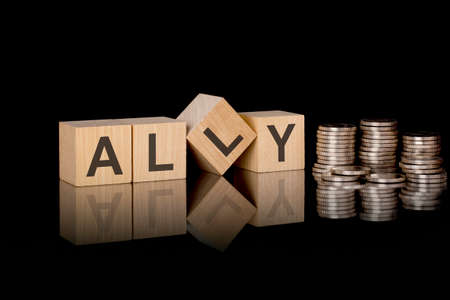 ally. wooden cubes. black background. stacks with coins. inscription on the cubes is reflected from the surface of the table. business conceptの写真素材