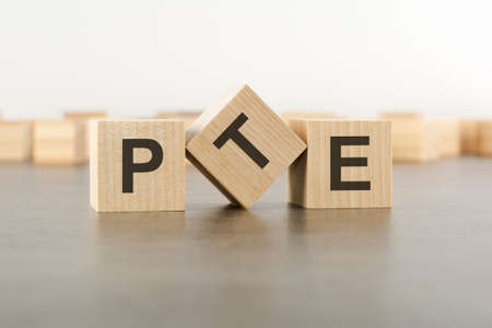 wooden cube with the letter from the PTE word. wooden cubes standing on gray background. PTE - short...