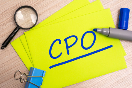 CPO - Chief People Officer - acronym text concept with blue marker on yellow cardの写真素材