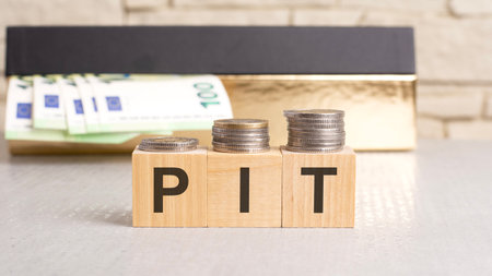 wooden cubes with letters PIT - acronym from Personal Income Tax, on the cubes are stacks of coins, front viewの写真素材