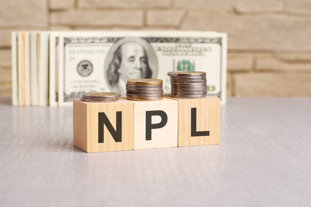 NPL word on wooden cubes and US dollar bills background. Non Performing Loans conceptの写真素材
