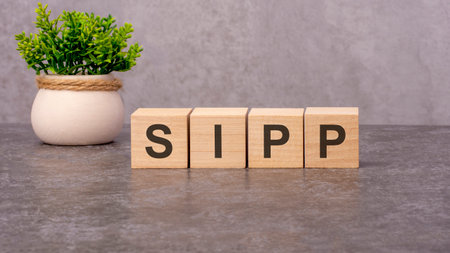 SIPP concept on wooden blocks and flower in a pot on the gray backgroundの写真素材