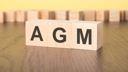 three wooden cubes on a yellow background, with the abbreviation AGM - Annual General Meetingの写真素材