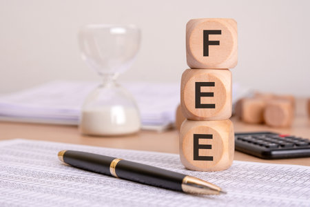 An informative FEE Concept featuring Wooden Blocks alongside essential Office Accessoriesの写真素材