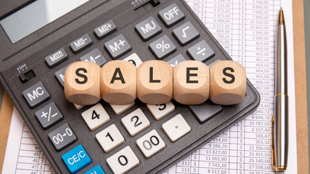 Wooden blocks spelling SALES placed on a calculator over a financial spreadsheet. The scene symbolizes business deals, pricing strategies, sales proposals, and marketing offers in a financial context.の写真素材