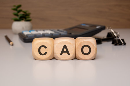 Wooden cubes with letters CAO on office desk, calculator in backgroundの写真素材
