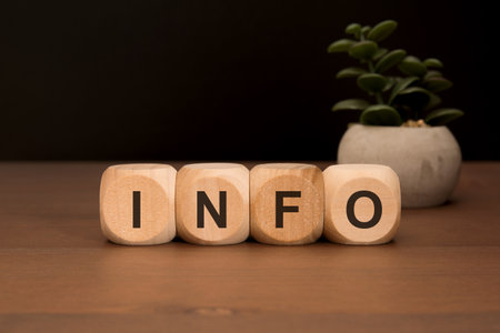 wooden cubes with the word INFO on a table with a blurred plant pot in the backgroundの写真素材