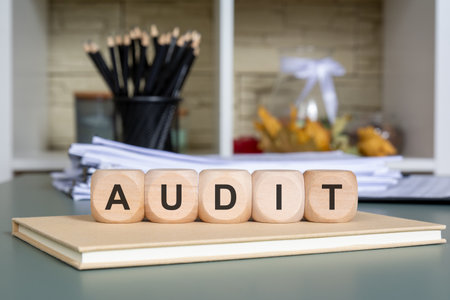 wooden cubes with word AUDIT on office desk with stationery and documents in backgroundの写真素材