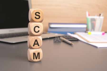 Wooden cubes spelling SCAM on a desk with laptop and paperwork - concept of fraud riskの写真素材