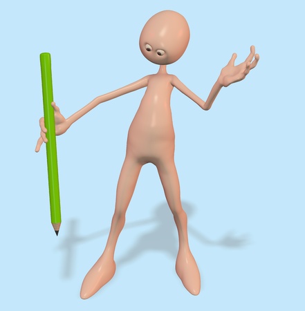 A man with a pencil. Blue backgroundの写真素材