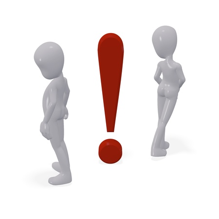 Three-dimensional people in a quarrel. Between them, the exclamation mark.の写真素材