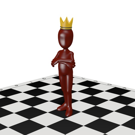A man wearing a crown standing on a chessboard. 3d renderの写真素材