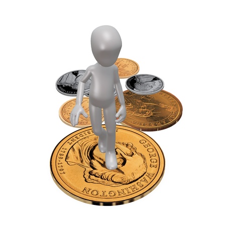 The man is lying on the coins. 3d renderの写真素材