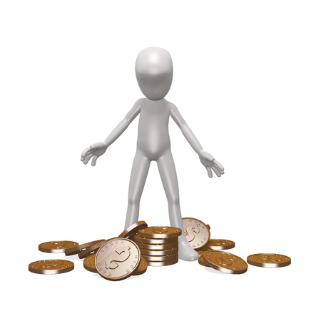 A man stands among the piles of coins. 3d renderの写真素材