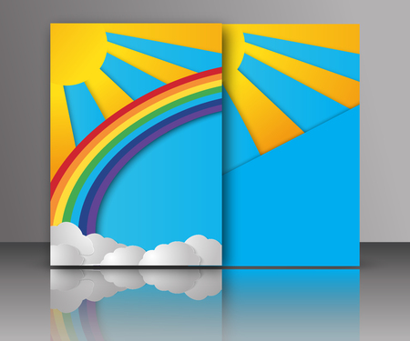 Vector illustration  of Summer sun  with clouds  and rainbow background. Paper cut style. Brochure template designのイラスト素材