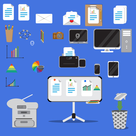 Vector illustration. Set of vector flat design concept icons of office equipment. Computer, printer, laptop, copier, note board etc.のイラスト素材