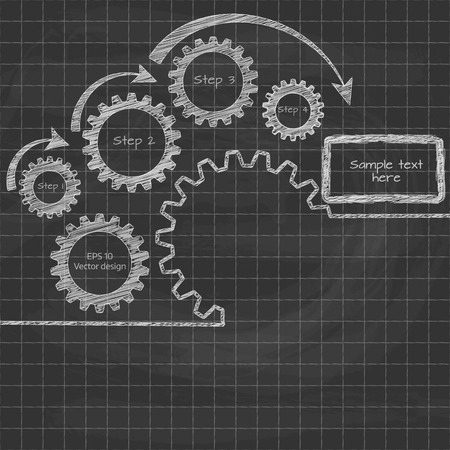 Gears blueprint.Written in chalk on a blackboard.  Infographic template.
Vector illustration.のイラスト素材