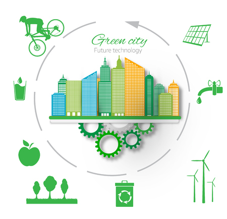 Eco concept. Green City. Infographic template. Eco icons. Vector design.のイラスト素材