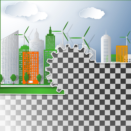 Eco technology. Cover template. Cityscape. Paper cut 
style. Vector design. Eps10.のイラスト素材