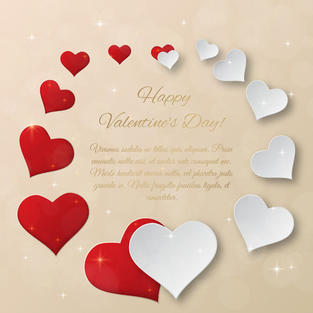Bright Valentine`s day vector  background. 
Sparkling paper hearts on bokeh background. 
Greeting card designのイラスト素材