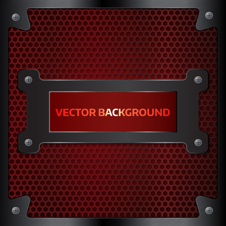 Vector illustration of geometric pattern of hexagons. Carbon fiber  red background. metal frame. Eps10のイラスト素材
