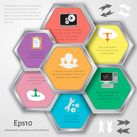 Vector circle hexagon infographic. Template for diagram, graph, presentation and chart. Business concept with 7 options, parts, steps or processes. Abstract background.のイラスト素材