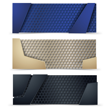 Vector modern banners set with carbone texture. Empty banners. Hexagone fiber. Vector designのイラスト素材