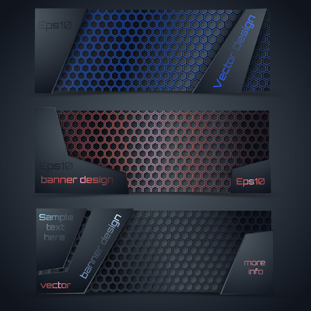 Vector modern banners set with carbon texture.  Hexagon fiber. Vector design. Blue, red, and black hex gridのイラスト素材
