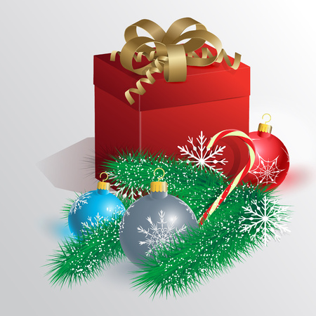 Vector illustration  of  Christmas card with Christmas balls, gift and Christmas tree.のイラスト素材