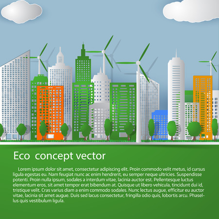 Concept of eco with building and nature . Paper art style. Colorful Vector illustration. Flyer, brochure or cover template.のイラスト素材