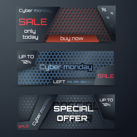 Cyber Monday sale. Colorful hi-tech banner vector set. Cabon fiber anf metal plate.
Abstract vector hi-tech template design. Special offer.のイラスト素材