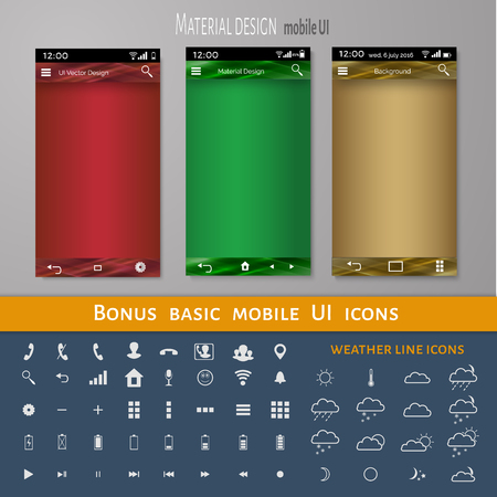 Vector illustration  of Abstract user interface templates of overlaps paper. set of ui material design background. Basic mobile ui icon set. Weather line iconsのイラスト素材