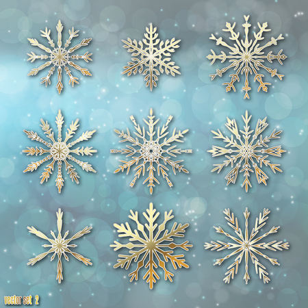 Vector illustration  of Snowflake set on dark blue blurred background. Winter Holidays Decoration design elements. Happy New Year greeting card.のイラスト素材