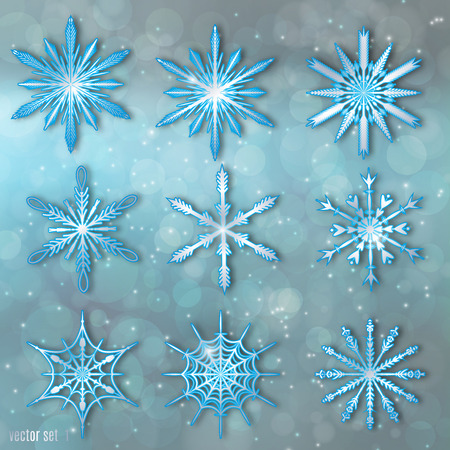 Vector illustration  of Snowflake set on dark blue blurred background. Winter Holidays Decoration design elements. Happy New Year greeting card.のイラスト素材