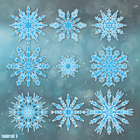 Vector illustration  of Snowflake set on dark blue blurred background. Winter Holidays Decoration design elements. Happy New Year greeting card.のイラスト素材