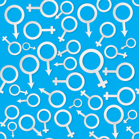 Stylish background seamless pattern with white and blue 3d  gender icons cutting paper. Beautiful abstract modern wallpaper. illustrationのイラスト素材