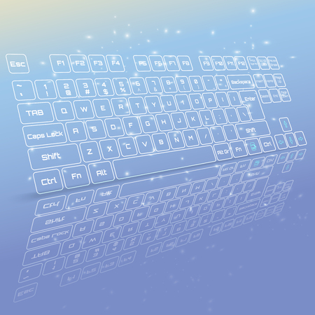Vector illustration  of  Virtual keyboard in perspective view, glowing keys and reflection on  blue background.のイラスト素材
