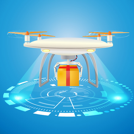 Concept for delivery service. Delivery drone with the package. Flat design colored vector illustration. Gift box. Hud 
interface background. Blue floodlightのイラスト素材