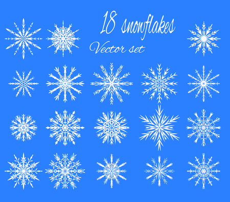 Set 18 white different snowflakes of handmade.  New Year's symbols. Snowflakes for design. Winter objects. Festive elements. Snowflake Doodle. Snowflake Sketchのイラスト素材