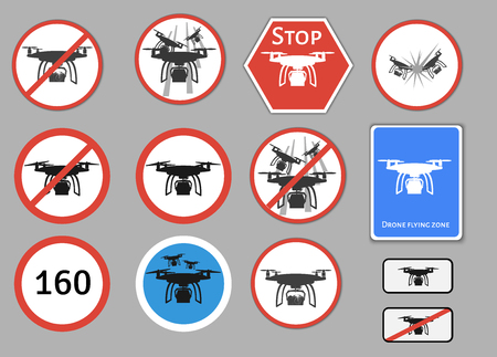 Vector illustration  of  Drone warning sign. Vector set of different warning and forbidden signs with drone quadcopter.のイラスト素材