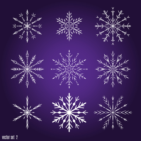 Set 9 white different snowflakes . New Year's symbols. Snowflakes for design. Winter objects. Festive elements. Snowflake Doodle.のイラスト素材