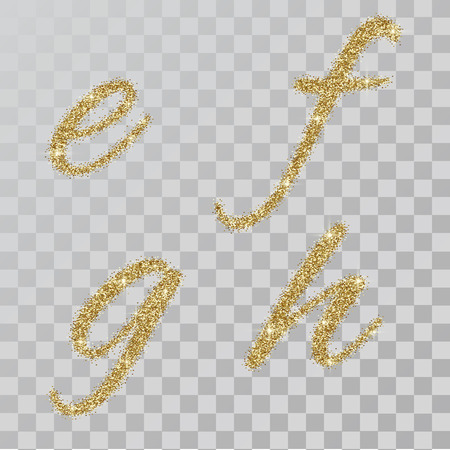 Gold glitter powder letters  e,f,g,h  in  hand painted style. Vector illustration on transparent backgroundのイラスト素材