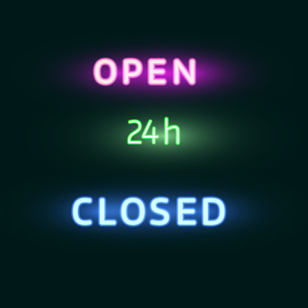 Open, Closed and 24h  Neon Vector Signs.  Vector illustration on black backgroundのイラスト素材