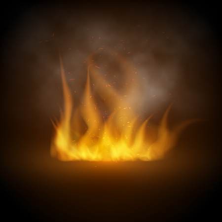 Camping fire background. Bright marching fire with sparks. Summer campfire. Vector illustrationのイラスト素材