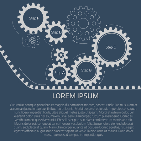 Vector infographic template with gears  on grey background. Business and industry concept with 5 options, parts, steps, processes.のイラスト素材