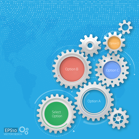 Vector illustration of gears with on the blue background. Infographic vector template. 4 options. Halftone background. Eps10のイラスト素材