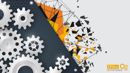 Vector illustration gear wheel and hexagon fiber, Hi-tech digital technology and engineering, digital telecom technology concept. Abstract explosion background triangles lines and dots.のイラスト素材