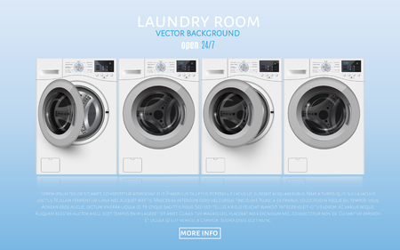 Laundry Room. realisic vector washers on blue background.  Cover  template.  bannner design.  Vector illlustrationのイラスト素材