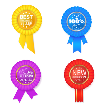 Colorful rosette set on white background. Yellow best seller badge. Blue top quality badge. Red new product rosette and other.のイラスト素材